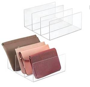lot 68339 image: mDesign Plastic Divided Purse Organizer for Closets, Bedrooms, Dressers - Closet Shelf Storage Solution for, Purses, Clutches, Wallets, Accessories - 3 Sections, 2 Pack - Clear open box