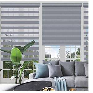 lot 68340 image: Changshade Cordless Zebra Roller Shade with Valance, Double Layered Window Blind for Day and Night, Light Filtering Window Treatment with Mesh and Opaque Fabric, 33 inches Wide, Gray open box