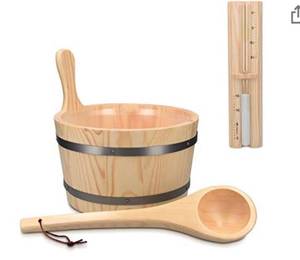 lot 68342 image: Navaris Wooden Sauna Bucket with Ladle - Essential Spa Accessory for Steam Room with 1.3 Gallon Pine Wood Bucket, Plastic Liner, Ladle, Sand Timer open box