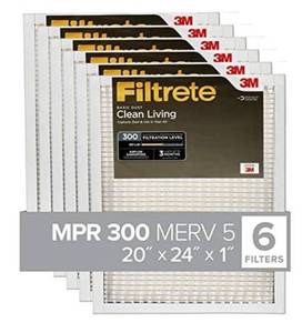 lot 68354 image: Filtrete 20x24x1, AC Furnace Air Filter, MPR 300, Clean Living Basic Dust, 6-Pack (exact dimensions 19.81 x 23.81 x 0.81) open box