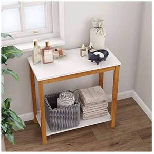 lot 68355 image: BAMEOS Bamboo Side Table Console Side Table, 2-Tier End Accent Table with Storage Shelf, Modern Furniture for Living Room Bedroom Balcony Family and Office in White Color(23.62 x 11.81 x 23.23 in) open box