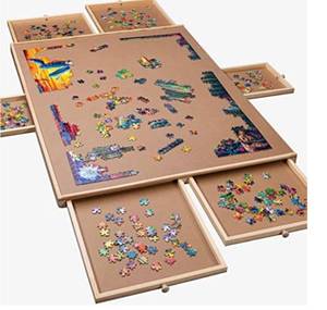 lot 68356 image: 1500 Piece Wooden Jigsaw Puzzle Table - 6 Drawers, Puzzle Board  9 Glue Sheets & 3 Hangers  27�� X 35�� Jigsaw Puzzle Board Portable - Portable Puzzle Table  for Adults and Kids open box