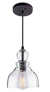 lot 68361 image: LANROS Industrial Mini Pendant Lighting with Handblown Clear Seeded Glass Shade, Adjustable Cord Farmhouse Lamp Ceiling Pendant Light Fixture for Kitchen Island Restaurant Kitchen Sink, Black, 1 Pack open box