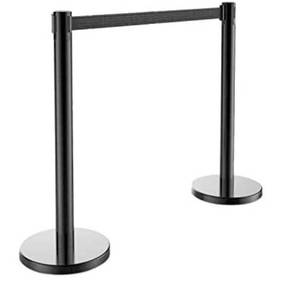 lot 68363 image: 2 PCS Heavy Duty Steel Black Stanchion PostPoleSignRope with 9.8 ft Retractable Black Belt  Safety Locking Belt  Easy Assembly and Connect  4-Way Connect  Crowd Control Barrier  Queue Line open box