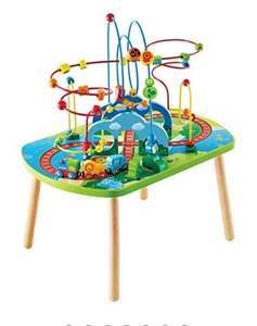 lot 68365 image: Hape E3824 Jungle Adventure Kids Toddler Wooden Bead Maze & Railway Train Track Play Table Toy for Ages 18 Months and Up Multicolor, 25.6 L x 17.52 W x 17.91 H open box