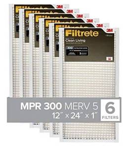 lot 68375 image: Filtrete 12x24x1, AC Furnace Air Filter, MPR 300, Clean Living Basic Dust, 6-Pack (exact dimensions 11.69 x 23.69 x 0.81) open box