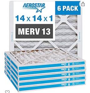 lot 68378 image: Aerostar 14x14x1 MERV 13 Pleated Air Filter, AC Furnace Air Filter, 6 Pack (Actual Size 13 34x13 34x34) open box