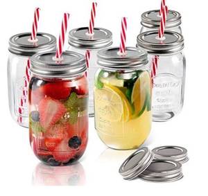 lot 68387 image: Mason Jars 6 PCS 16 oz Regular Mouth Glass Jars with Lids & Straws Send 6 Non-Pores Covers Kitchen Glass Jars Mugs Dishwasher Safe Masthome open box