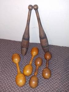 lot 602 image: Antique Wood Indian Clubs and Dumbbells