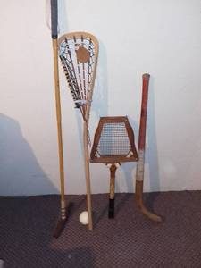 lot 547 image: Antique Sports Equipment - Polo Lacrosse Tennis Field Hockey