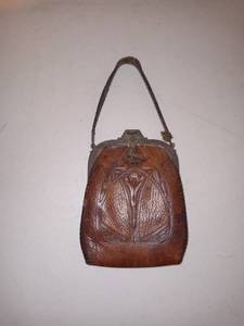 lot 1242 image: Antique Tooled Leather Handbag With Inside Pockets