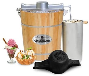 lot 773 image: Elite Gourmet Old Fashioned Vintage Appalachian Wood Bucket Electric Maker Machine, Bonus Classic Die-Cast Hand Crank, Uses Rock Salt Churns Ice Cream in Minutes, 4-Quart, Pine