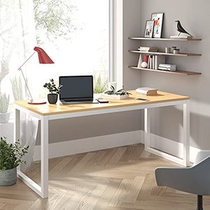 lot 48706 image: Allewie 55 Computer Desk, Modern Writing Gaming Desk for Home Office, Small Wood Table Top Workstation, Sturdy Metal Frame, Rustic Simple Industrial Design, Easy Assembly, Maple