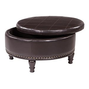 lot 48721 image: OSP Home Furnishings Augusta Round Storage Ottoman with Decorative Nailheads and Flip Over Lid with Serving Tray Surface, Espresso Faux Leather