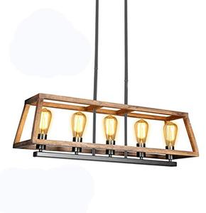 lot 48728 image: 60W Kitchen Island Lighting Farmhouse Chandelier, Wooden Metal Industrial Dining Room Chandelier, Including Five Dimmable E26 Bulbs