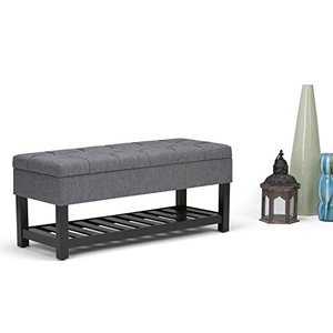 lot 48747 image: SIMPLIHOME Saxon 44 inch Wide Rectangle Storage Ottoman Bench with Open Bottom and Lift Top in Slate Grey Footrest Stool, Linen Look Polyester Fabric for Living Room, Bedroom, Traditional