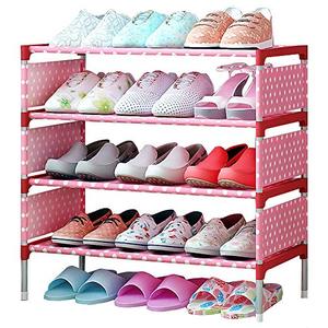 lot 48793 image: TZAMLI 4-Tier Free Standing Shoe Rack 12 Pairs Non-Woven Fabric of Shoes Organizer in Closet Entryway Hallway,Anti-Rust, Metal Frame and Fabric Shelves,22.8 x 10.6 x 25.2 (Pink dots)