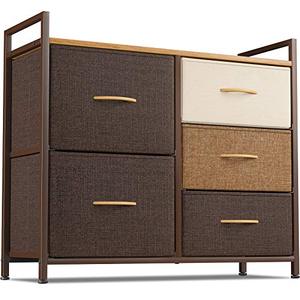 lot 48799 image: Cubiker Dresser Storage Organizer, 5 Drawer Dresser Tower Unit for Bedroom Hallway Entryway Closets, Small Dresser Clothes Storage with Sturdy Steel Frame Wood Top, Chocolate
