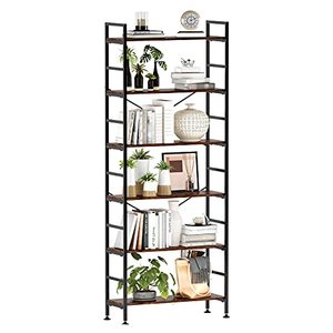 lot 48824 image: CosyStar 6-Tier Adjustable Tall Bookcase, Rustic Wood and Metal Standing Bookshelf, Industrial Vintage Book Shelf Unit, Open Back Modern Office Bookcases