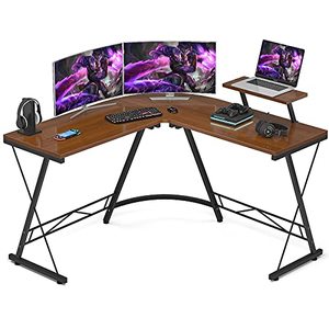 lot 48825 image: Foxemart L Shaped Gaming Desk 51 Corner Gaming Desk Home Office Desks with Large Monitor Stand Computer Desk with Round Corner, Teak