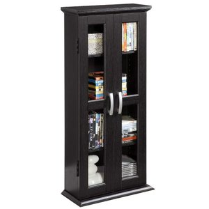 lot 48833 image: Walker Edison 4 Tier Shelf Living Room Storage Tall Bookshelf Cabinet Doors Home Office Tower Media Organizer, 41 Inch, Black