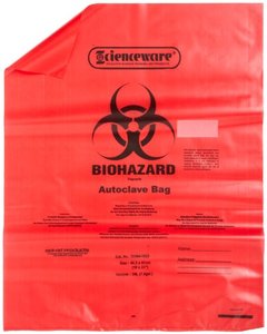 lot 37010 image: SP Scienceware Bel-Art F13164-1923 Polypropylene 6-9 Gallon Red Biohazard Disposal Bags - Retails $174.35