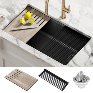 lot 37138 image: KRAUS Bellucci Black Granite Composite 32 in. Single Bowl Undermount Workstation Kitchen Sink with Accessories, Metallic Black, Damaged (see photos) - Retails for $299.95