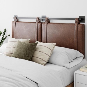 lot 37140 image: Queen  Full Sized - Nathan James Harlow 62 in. Vintage Brown Wall Mount Faux Leather Upholstered Headboard Adjustable Straps and Black Metal Rail, BrownBlack - Retails for $159.16