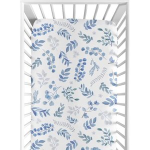 lot 37159 image: Sweet Jojo Designs Floral Leaf Boy or Girl Fitted Crib Sheet Baby or Toddler Bed Nursery - Blue Grey and White Boho Watercolor Botanical Flower Woodland Tropical Garden