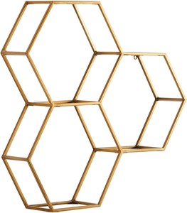 lot 37032 image: Rivet Modern Hexagon Honeycomb Floating Wall Shelf Unit with Glass Shelves - 28 x 28 x 6 Inch, Gold - Retails for $59.49