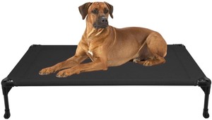lot 37155 image: Veehoo Cooling Elevated Dog Bed, Portable Raised Pet Cot with Washable & Breathable Mesh, No-Slip Rubber Feet for Indoor & Outdoor Use, Large, Black - Retails for $42.99
