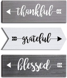 lot 37173 image: Thankful Grateful Blessed Wooden Signs Hanging Wall Signs Rustic Wall Art Decor Welcome Plaque Sign for Farmhouse Outdoor Decor (Gray, White, Dark Gray) - Retails for $29.95