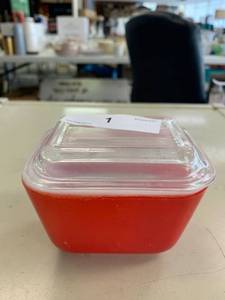 lot 1 image: Red Pyrex Container with Lid