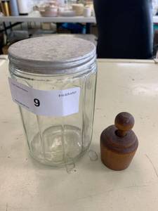 lot 9 image: Glass Jar with Old Metal Lid & Antique Wood Butter Press