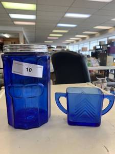 lot 10 image: Cobalt Blue Glass Jar with Lid and Chevron Cobalt Open Sugar Jar