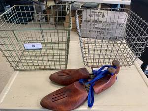 lot 30 image: Antique Wire Baskets & Wooden Shoe Forms