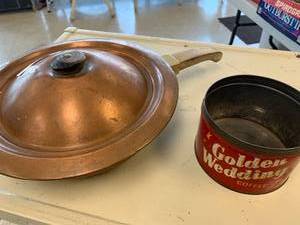 lot 83 image: Vintage Copper Skillet & Golden Wedding Coffee Tin