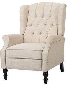 lot 11734 image: GDF Studio Elizabeth Tufted Fabric Recliner, Vintage Reclining Reading Armchair, Light Beige