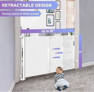 lot 11739 image: Retractable Baby Gate Space Saving and Extends to 58 Wide Movable Indoor and Outdoor Gates for Kids or Pets Adjustable Baseboard Height Mesh Dog Gate for Doorways, Stairs, Hallways and More