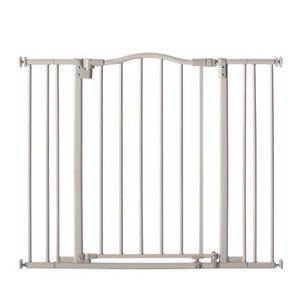 lot 11805 image: north states 38.25 arched auto-close baby gate with easy-step pressure or hardware mount (mounts included). two extensions included. fits 28.5-38.25 wide with included extensions (30 tall, gray)