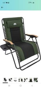 lot 11807 image: Coastrail Outdoor Zero Gravity Wood Armrest XXL Camping Lounge Patio Support 400lbs Padded Reclining Folding Lawn Chair with Side Table, GreenBlack