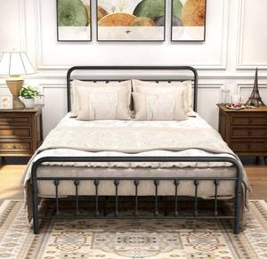 lot 11827 image: DUMEE Black Metal Bed Frame Queen Size with Headboard and Footboard Metal Platform Slats Support,Textured Black