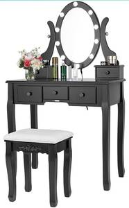 lot 11849 image: VIVOHOME Makeup Vanity Set with 10 Dimmable LED Bulbs, Dressing Table with 360° Rotating Lighted Mirror and Cushioned Stool, Black