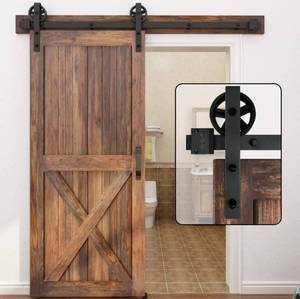lot 11864 image: Sealed in Box - WINSOON Single Wood Sliding Barn Door Hardware Basic Black Big Spoke Wheel Roller Kit Garage Closet Carbon Steel Flat Track System (11FT)