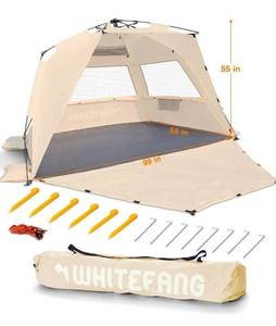 lot 11889 image: WhiteFang Deluxe XL Pop Up Beach Tent Sun Shade Shelter for 3-4 Person, UV Protection, Extendable Floor with 3 Ventilating Windows Plus Carrying Bag, Stakes, and Guy Lines