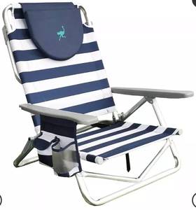 lot 11892 image: Ostrich OYBSC-2000S On-Your-Back Sand Beach 6-Inch Off the Ground Chair, Navy Blue and White
