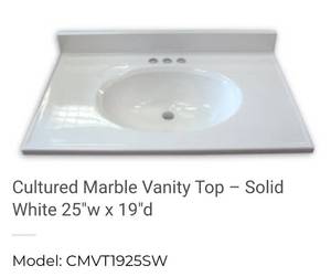 lot 11900 image: Cultured Marble Vanity Top � Solid White 25w x 19d