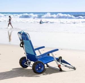 lot 11902 image: 2-in-1 Beach Day Folding Lounge Chair & Cargo Cart Blue - Sunbathing Sun Chair with Lock Tanning Chair, Portable, Lightweight, Lounger for Patio Collapsible with All-Terrain Wheels