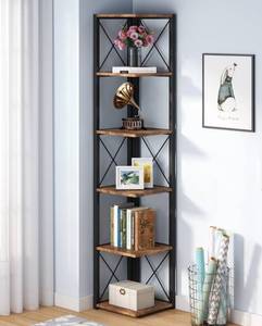 lot 11936 image: 70.8 Inch Tall 6-Tier Corner Shelf Bookshelf Storage Etagere Bookcase - Brown
