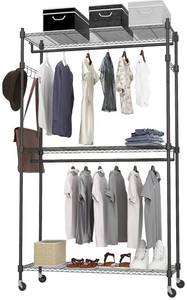 lot 11944 image: Heavy Duty Garment Rack on Wheels, Clothes Racks for hanging clothes with Double Hanging Bar, 2 Hanger Hooks - Hold Up to 400Lbs (Black, 2Rod 2Hook)